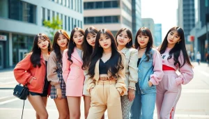 blackpink members pose confidently in a vibrant urban setting, showcasing their unique styles.