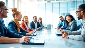 Engaged team discussing business growth insights in a modern office setting.