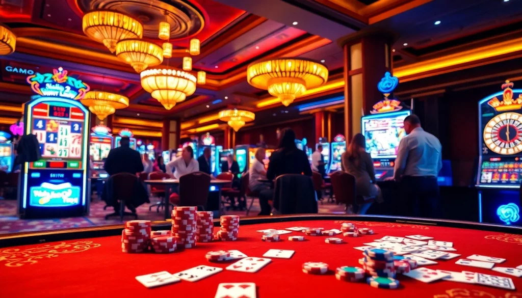 Adegan yang menarik dari permainan slot Mahjong Ways 2 di tengah suasana kasino yang hidup.