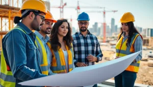 Dynamic teamwork at a construction association denver project, showcasing collaboration on plans.