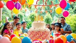 Colorful decorations at a Singapore birthday party with joyful guests and a large cake.
