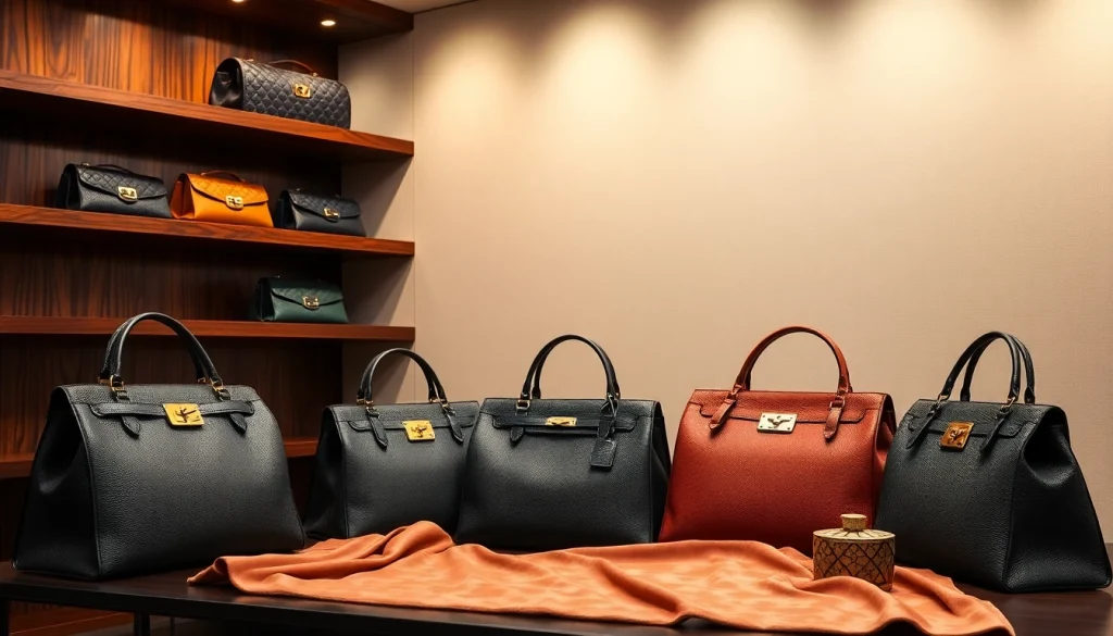 명품 이미테이션 가방이 고급스러운 매장에서 세련되게 전시된 모습