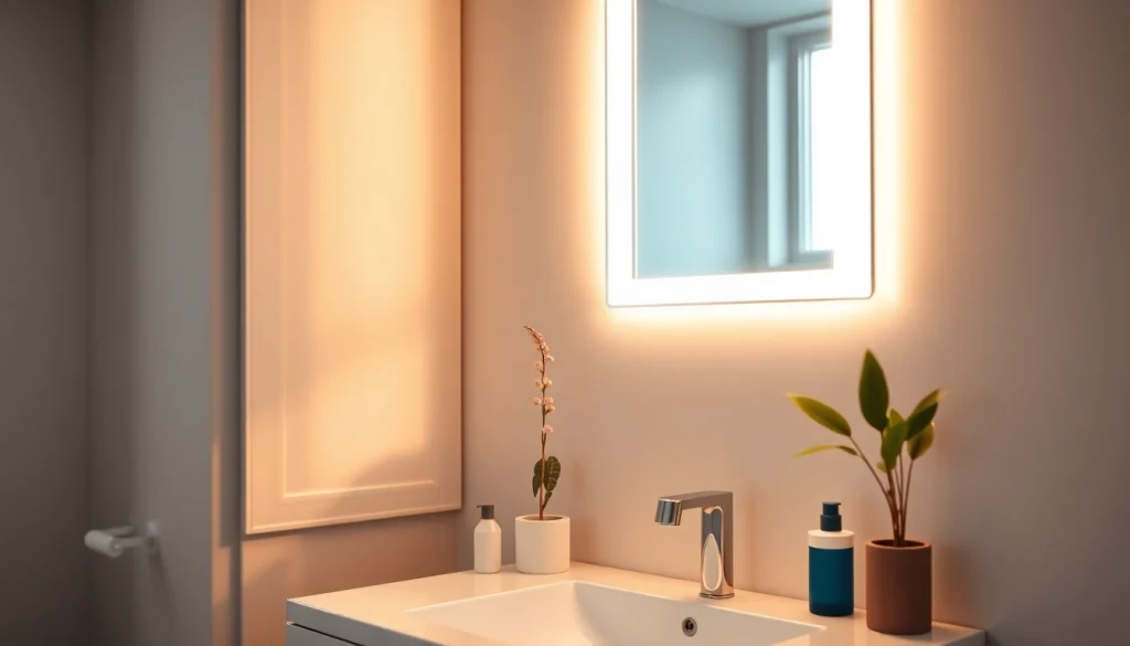Modern bathroom mirror with led light reflecting serene ambiance in a stylish setting.