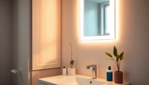 Modern bathroom mirror with led light reflecting serene ambiance in a stylish setting.