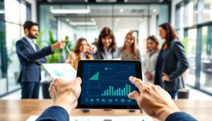 Illustration of growth strategy trends with a diverse team in a modern office.