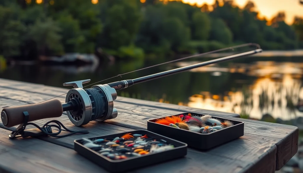 Showcasing a Fly fishing combo on a riverbank with serene settings and sunset lighting.
