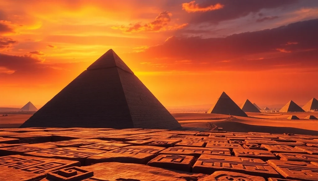 Explore the stunning piraminds of ancient Egypt captured against a vibrant sunset backdrop.