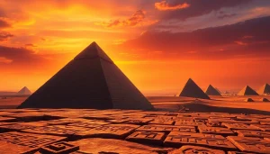 Explore the stunning piraminds of ancient Egypt captured against a vibrant sunset backdrop.