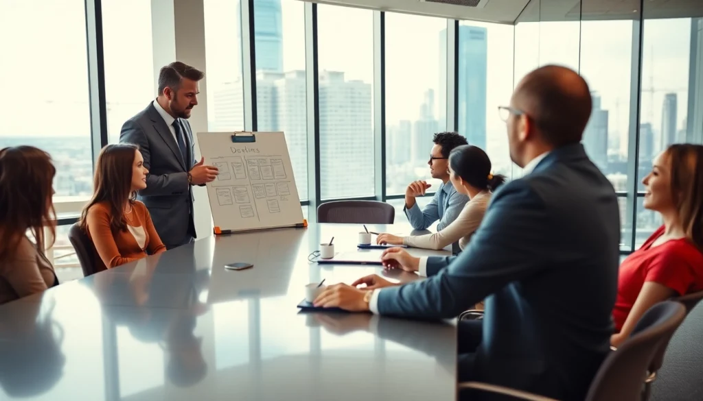 Business coach Los Angeles leads a dynamic session with clients in an inspiring office.