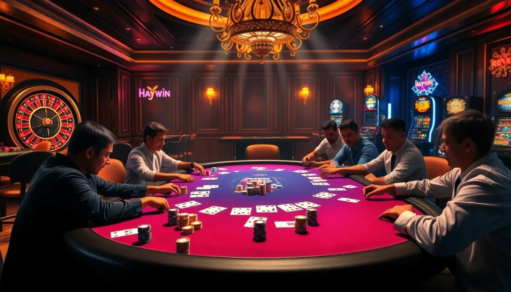 Experience thrill at Haywin's poker table filled with vibrant chips and engaging players.