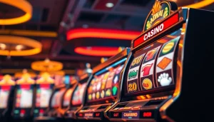 Menampilkan permainan slot deposit 1000 dengan mesin slot berwarna menarik dan suasana kasino yang energik.