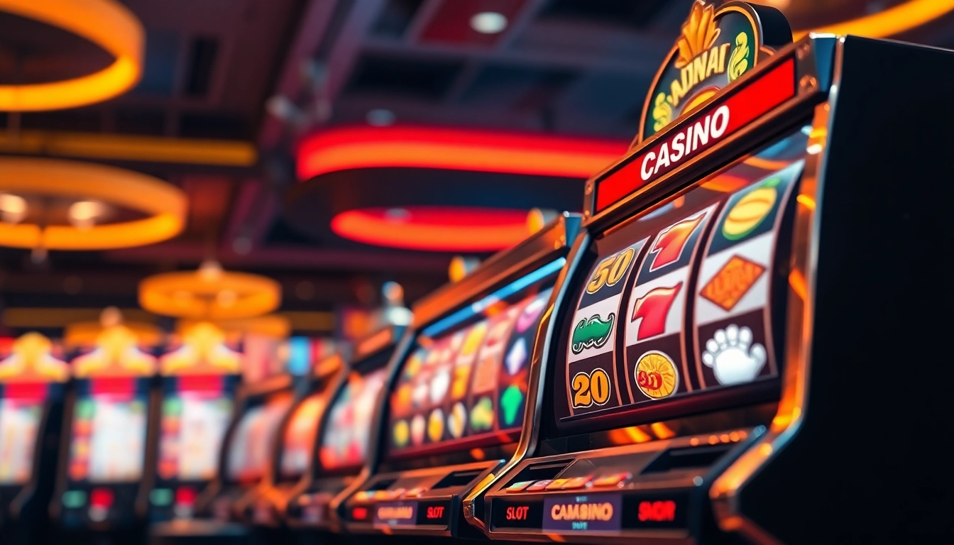 Menampilkan permainan slot deposit 1000 dengan mesin slot berwarna menarik dan suasana kasino yang energik.