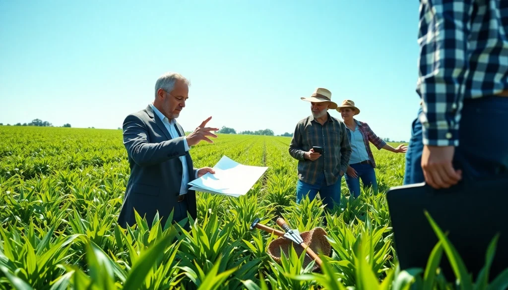 Agriculture lawyer consulting with farmers in a sunny field, showcasing professionalism and trust.