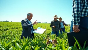 Agriculture lawyer consulting with farmers in a sunny field, showcasing professionalism and trust.