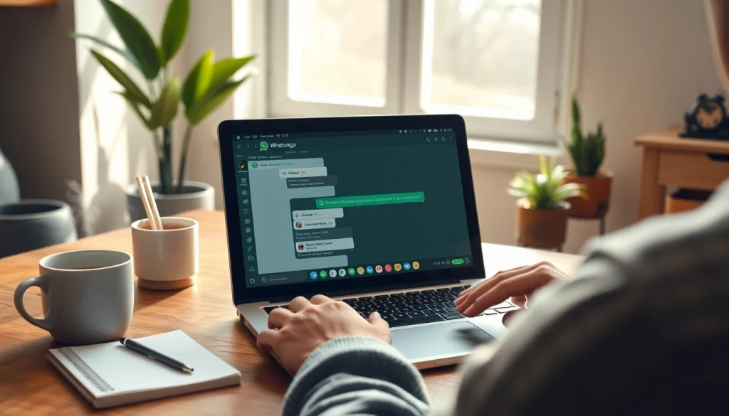 在温馨的工作区用笔记本电脑使用 WhatsApp Web，传达友好且富有创新氛围。