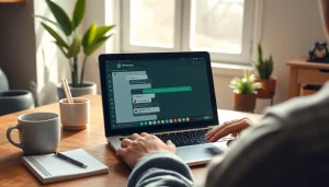 在温馨的工作区用笔记本电脑使用 WhatsApp Web，传达友好且富有创新氛围。