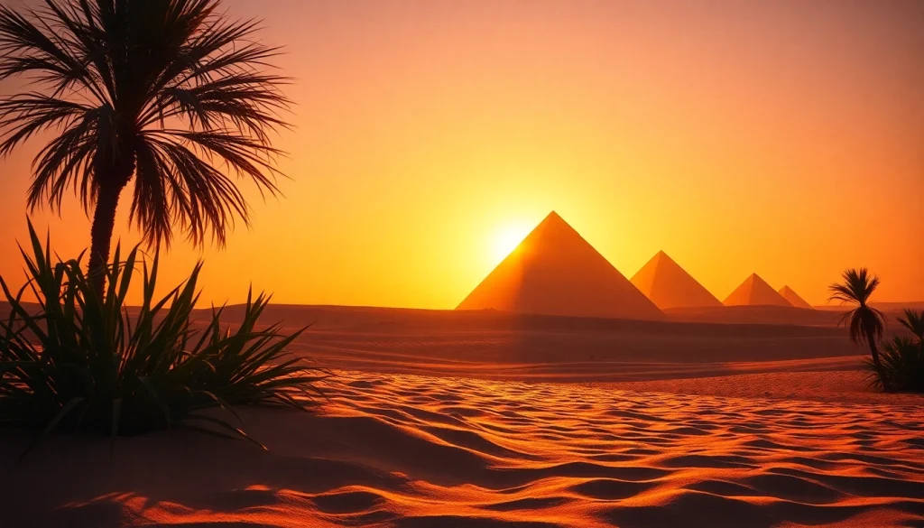 Pyraminds towering majestically against a sunset backdrop, symbolizing ancient Egyptian heritage.