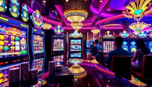 Pengalaman bermain slot deposit pulsa yang seru dengan mesin kasino yang berwarna-warni dan pemain yang sangat antusias.