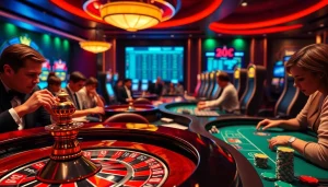 Exciting gaming action at a vibrant casino scene representing https://shbet.law/ with roulette and slot machines.