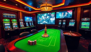 Action-packed MK8 gaming scene with luxury casino tables and vibrant screens highlights gambling excitement.