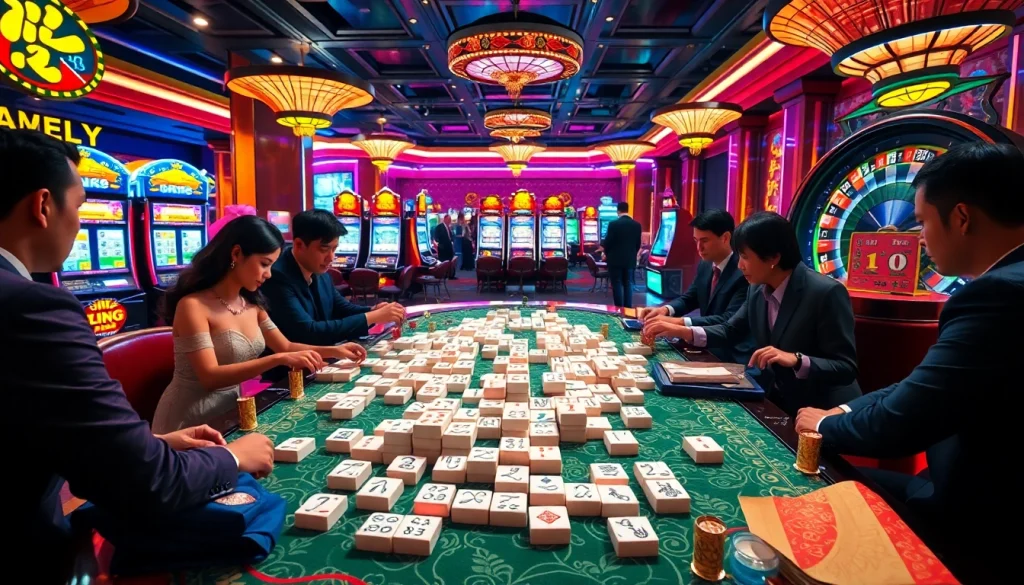Experience mahjong ways 2 at a luxury casino with engaged players and vibrant game elements.