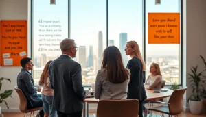 Business coach Los Angeles guiding clients in a modern office setup with city views.
