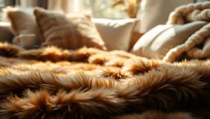 Faux fur fabric imitatie bont stof in een gezellige interieursetting met warme kleuren.