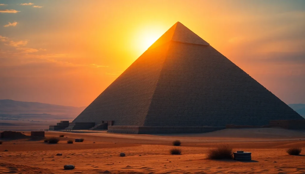 Explore the majestic piraminds set against a stunning sunset in the Egyptian desert.