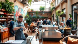 Café de l'association association coffee shop Lloret de Mar avec barista et clients dans un cadre vibrant.