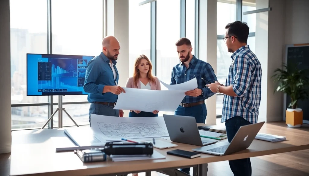 Builders collaborating on plans highlighting the Texas association of builders during a meeting.