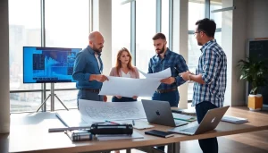 Builders collaborating on plans highlighting the Texas association of builders during a meeting.