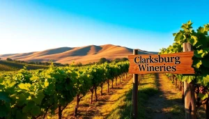 Indulge in clarksburg wineries with picturesque vineyard scenery and a rustic wooden sign.