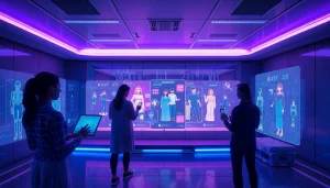 Futuristic NSFW AI interactive space showcasing holographic characters and immersive digital tools.