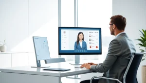 AI Receptionist engaging with a customer in a modern office environment.