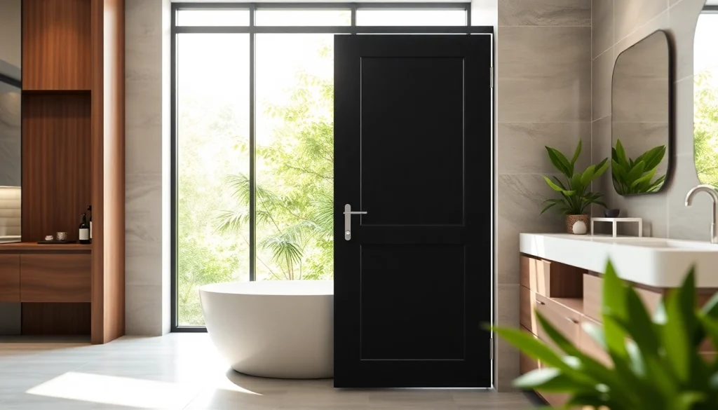 Elegant black shower sliding door enhances a modern bathroom design with sleek style.
