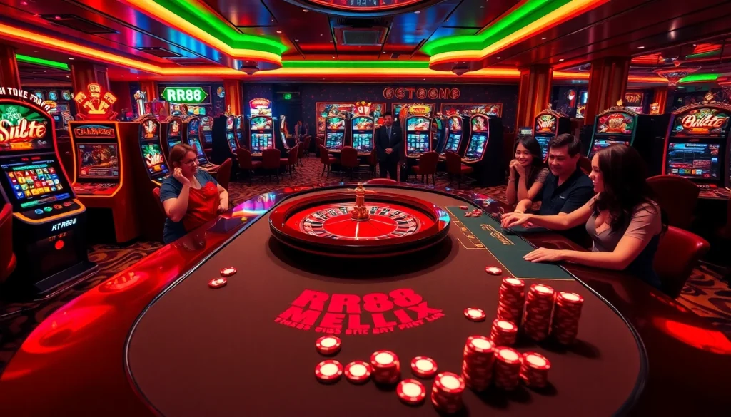 Players enjoying a luxurious RR88 casino gaming experience at tables filled with excitement and winnings.