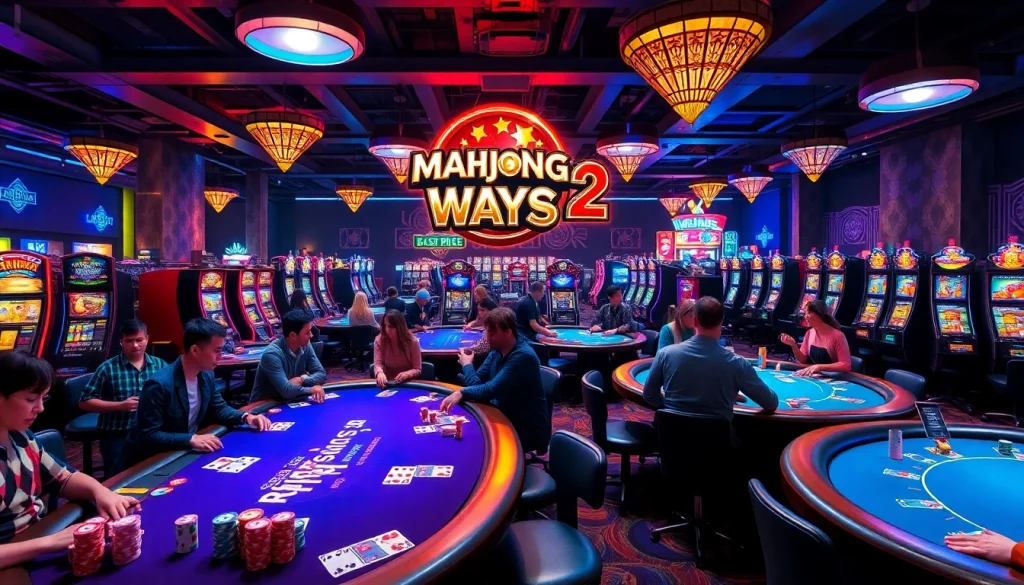 Players enjoy the Mahong Ways 2 slot machine, creating an exciting casino ambiance.
