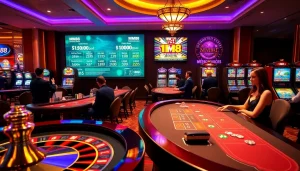 Experience online gaming excitement with MM88 at a luxurious casino scene featuring poker, roulette, and slot machines.