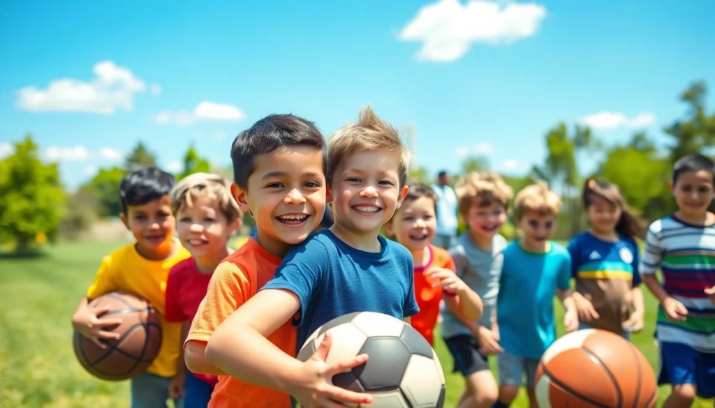 Active boys enjoying Multi Sports Camps for Boys in a sunny outdoor setting with various sports.