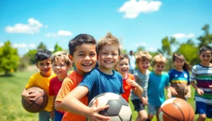 Active boys enjoying Multi Sports Camps for Boys in a sunny outdoor setting with various sports.