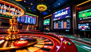 Sbobet login terbaru interface shown in a luxurious online casino setting with vibrant colors and exciting elements.