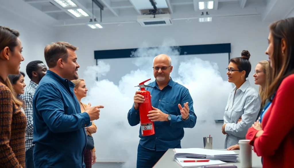 Participants learning to use a pass fire extinguisher in a professional training environment.