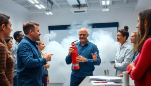 Participants learning to use a pass fire extinguisher in a professional training environment.