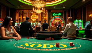 SODO CASINO players engage at a vibrant poker table amid swirling roulette wheels and dazzling slot machines.
