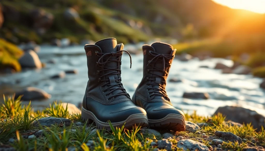 Fly fishing boots positioned by a serene riverbank, demonstrating durability and functionality.
