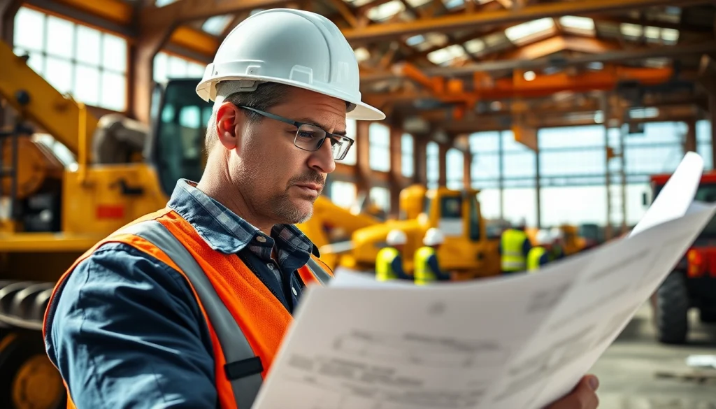 New Jersey construction manager assessing plans on a busy job site, ensuring precision and efficiency.