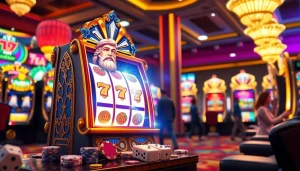 Mainkan Slot Zeus di kasino mewah yang dipenuhi kegembiraan dan lampu berwarna-warni.
