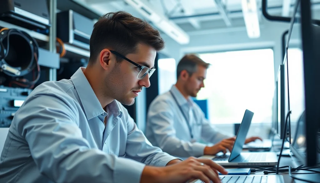 Technician providing efficient computer service in a modern office setup with high-tech tools.