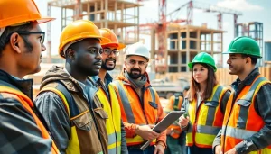 Showcasing construction workforce development with professionals collaborating at a job site.