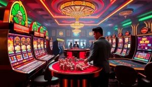 Adegan kasino yang menarik yang menyoroti kegembiraan judi online Slot Depo 5K dengan mesin-mesin slot yang berwarna-warni.